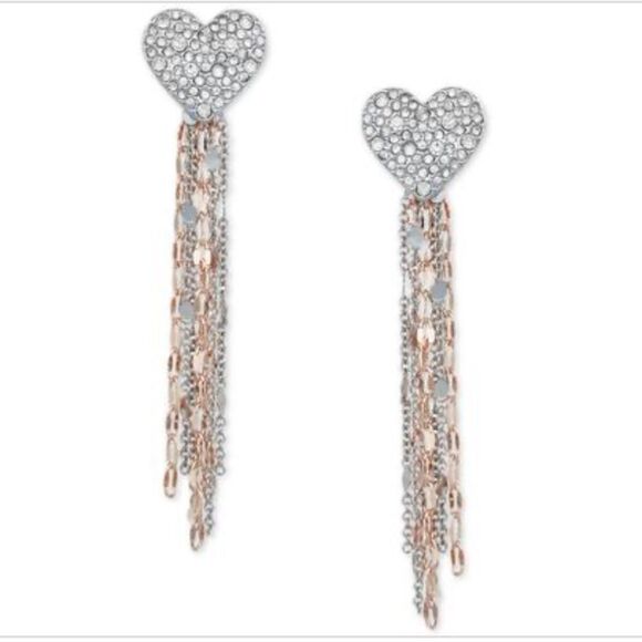 NWT Guess Two-Tone Crystal Chain Fringe Drop 2.5” Earrings - Picture 3 of 3